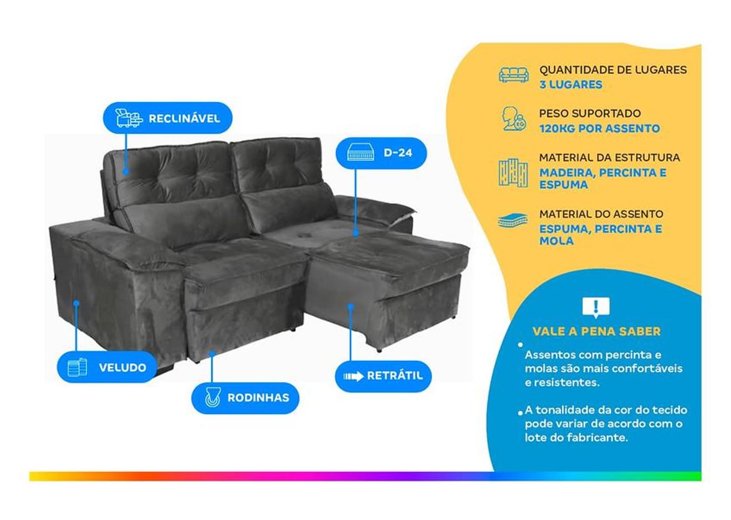 Sofá 3 Lugares Retrátil Reclinável Veludo Zeus Nordeste Flex