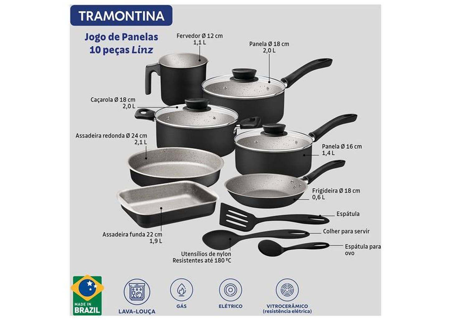 Jogo de Panelas Tramontina Antiaderente Starflon Max de Alumínio Preto 10 Peças Linz