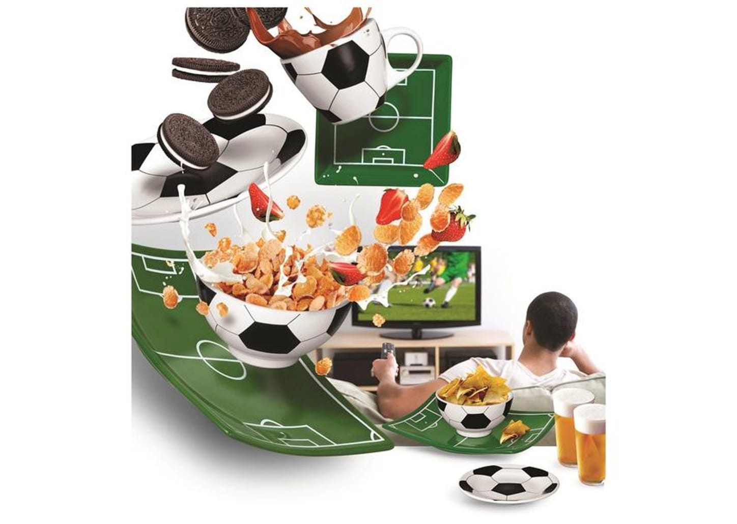 Jogo de Caneca de Chá e café de Cerâmica Branco, Preto e Verde 250ml Scalla Cerâmica Futebol 2 Peças