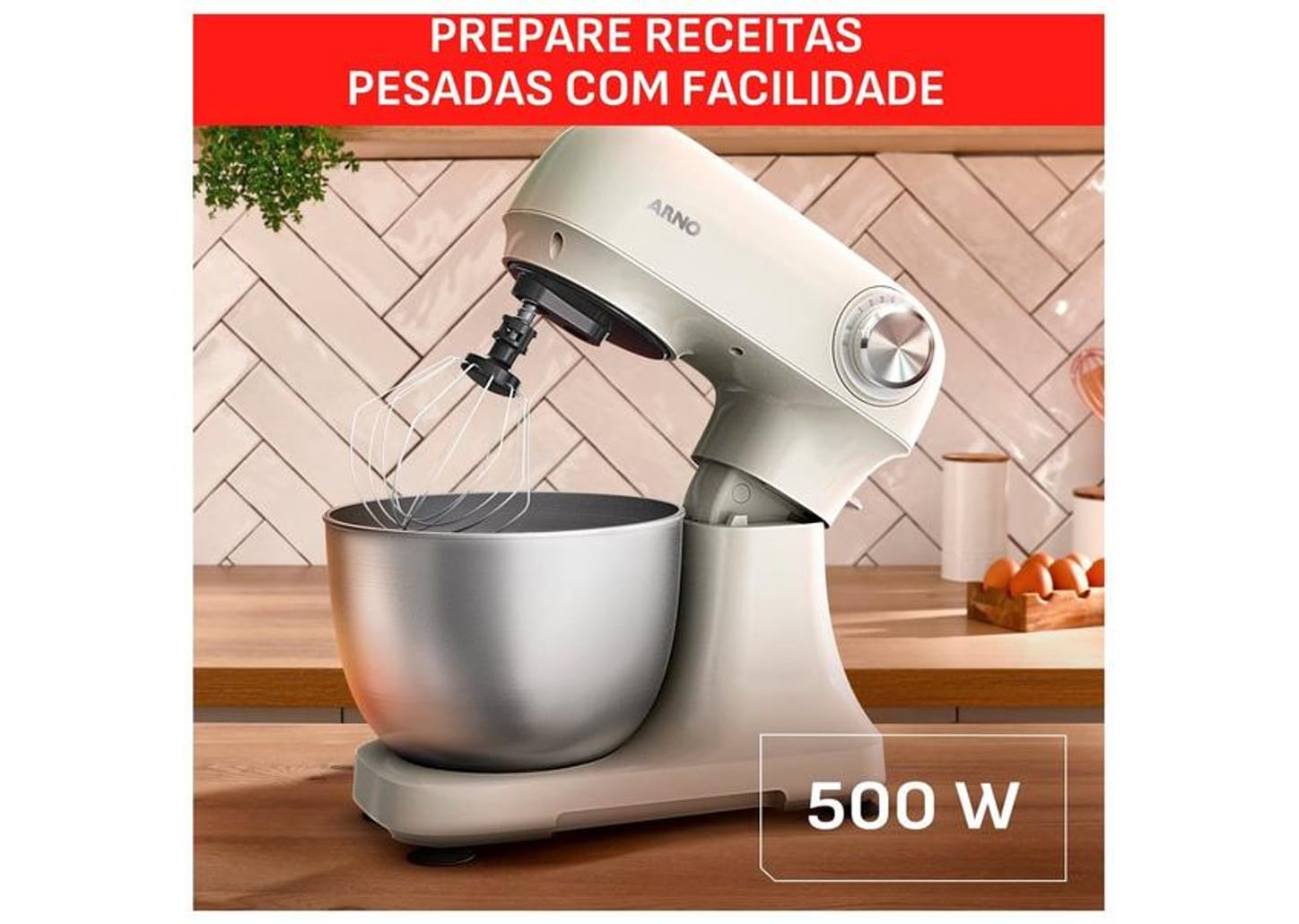 Batedeira Planetária Arno Marfim e Inox 500W 12 Velocidades Tigela Inox 3,5L Bake Easy KM14 com 3 Batedores 8010001506