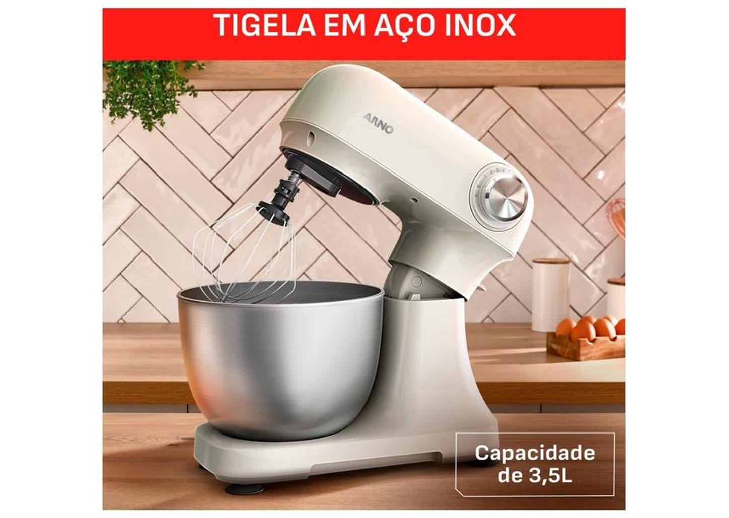 Batedeira Planetária Arno Marfim e Inox 500W 12 Velocidades Tigela Inox 3,5L Bake Easy KM14 com 3 Batedores 8010001506