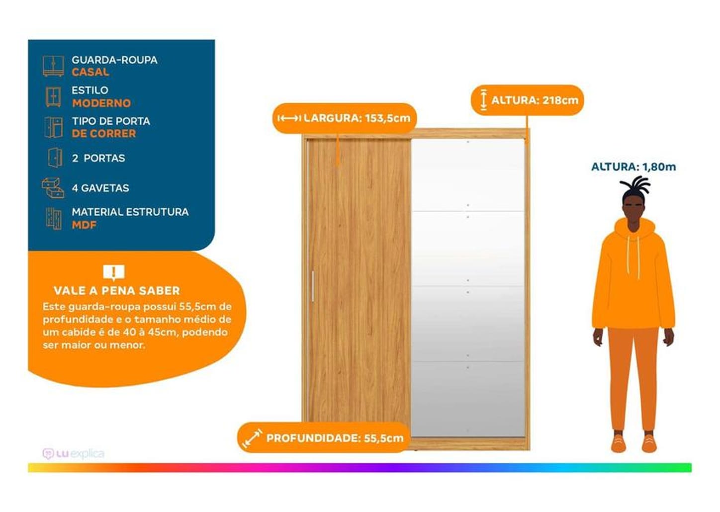 Guarda-roupa Casal com Espelho 4 Gavetas 2 Portas de Correr Demóbile Riva