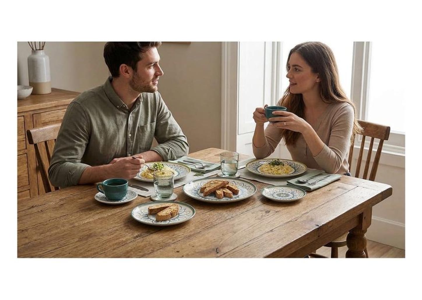 Aparelho de Jantar e Chá 20 Peças Oxford Redondo Cerâmica Azul claro, Verde oliva e Amarelo Flat Nisa