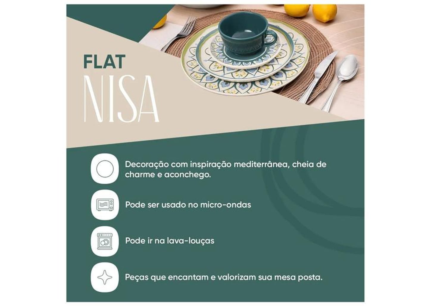 Aparelho de Jantar e Chá 20 Peças Oxford Redondo Cerâmica Azul claro, Verde oliva e Amarelo Flat Nisa