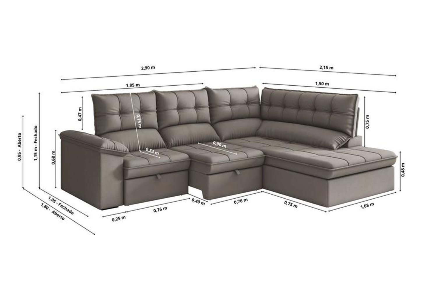 Sofá de Canto 5 Lugares Retrátil Reclinável Slim Milano BestHouse Sofás
