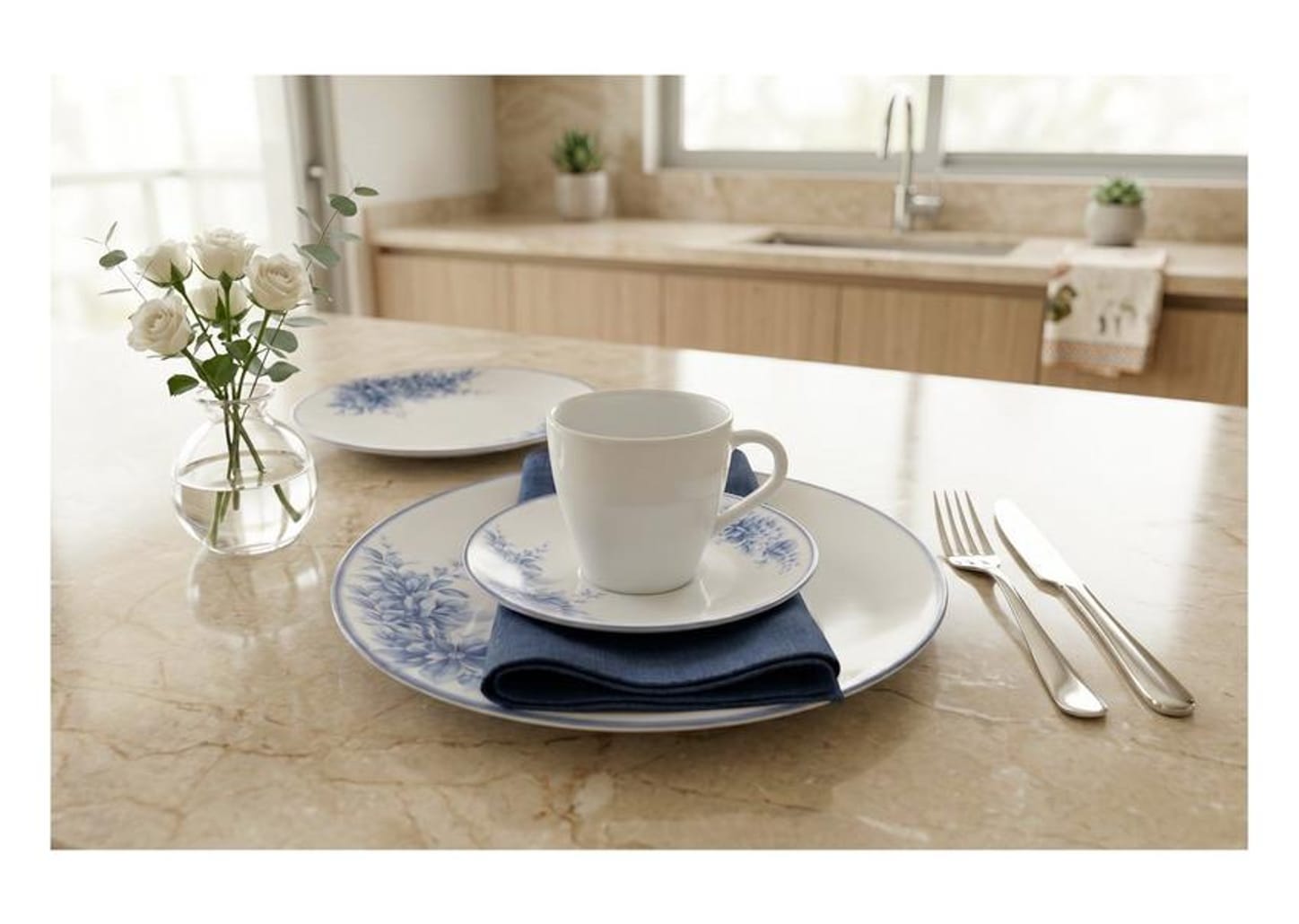 Aparelho de Jantar 20 Peças Tramontina Redondo de Porcelana Branco e Azul Royal