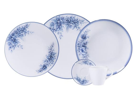 Aparelho de Jantar 20 Peças Tramontina Redondo de Porcelana Branco e Azul Royal