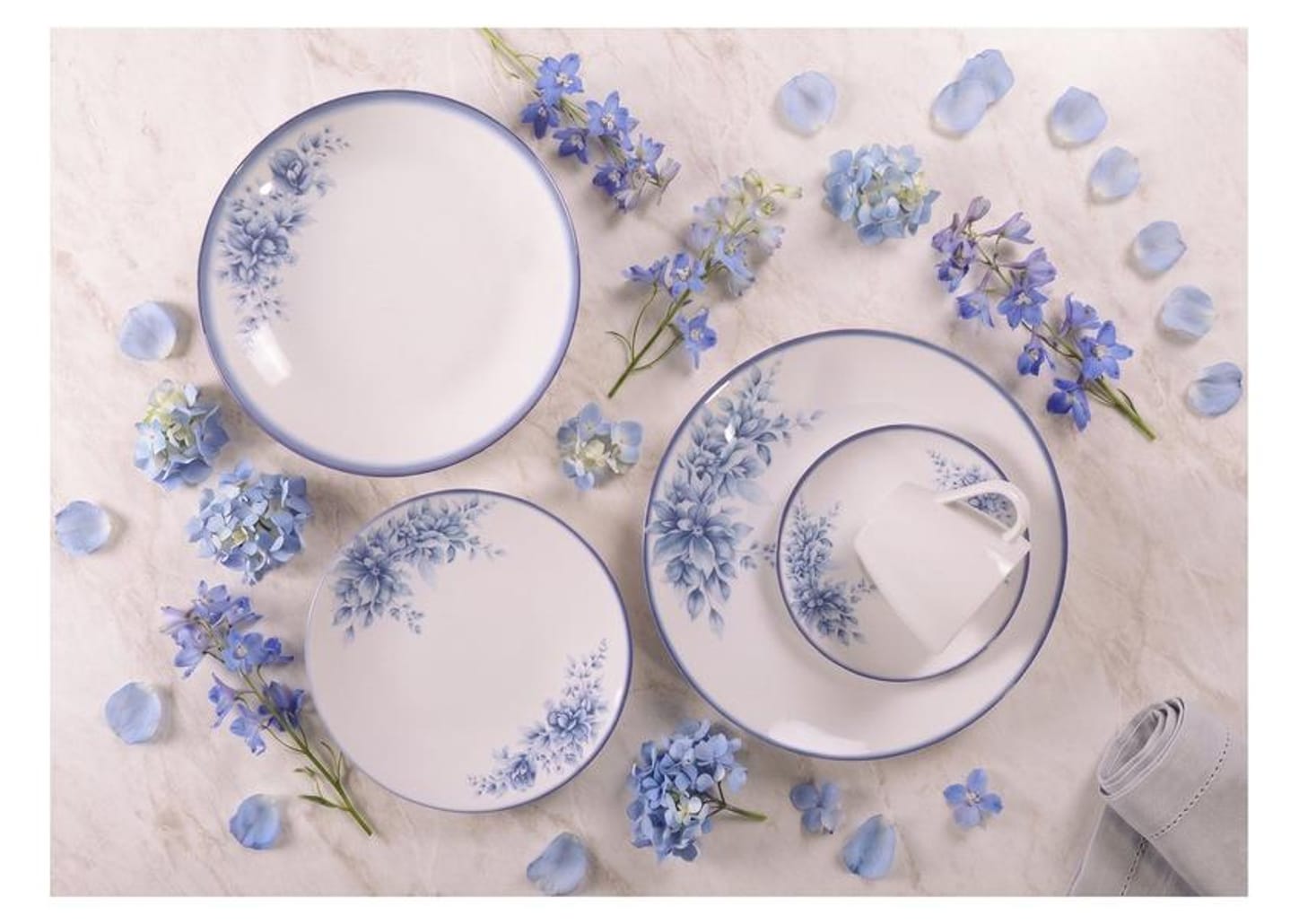 Aparelho de Jantar 20 Peças Tramontina Redondo de Porcelana Branco e Azul Royal