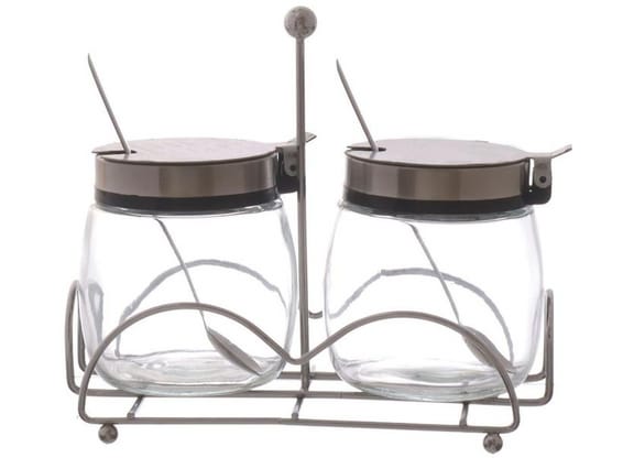 Porta-Temperos de Vidro e Inox 4 Peças com Suporte Hauskraft