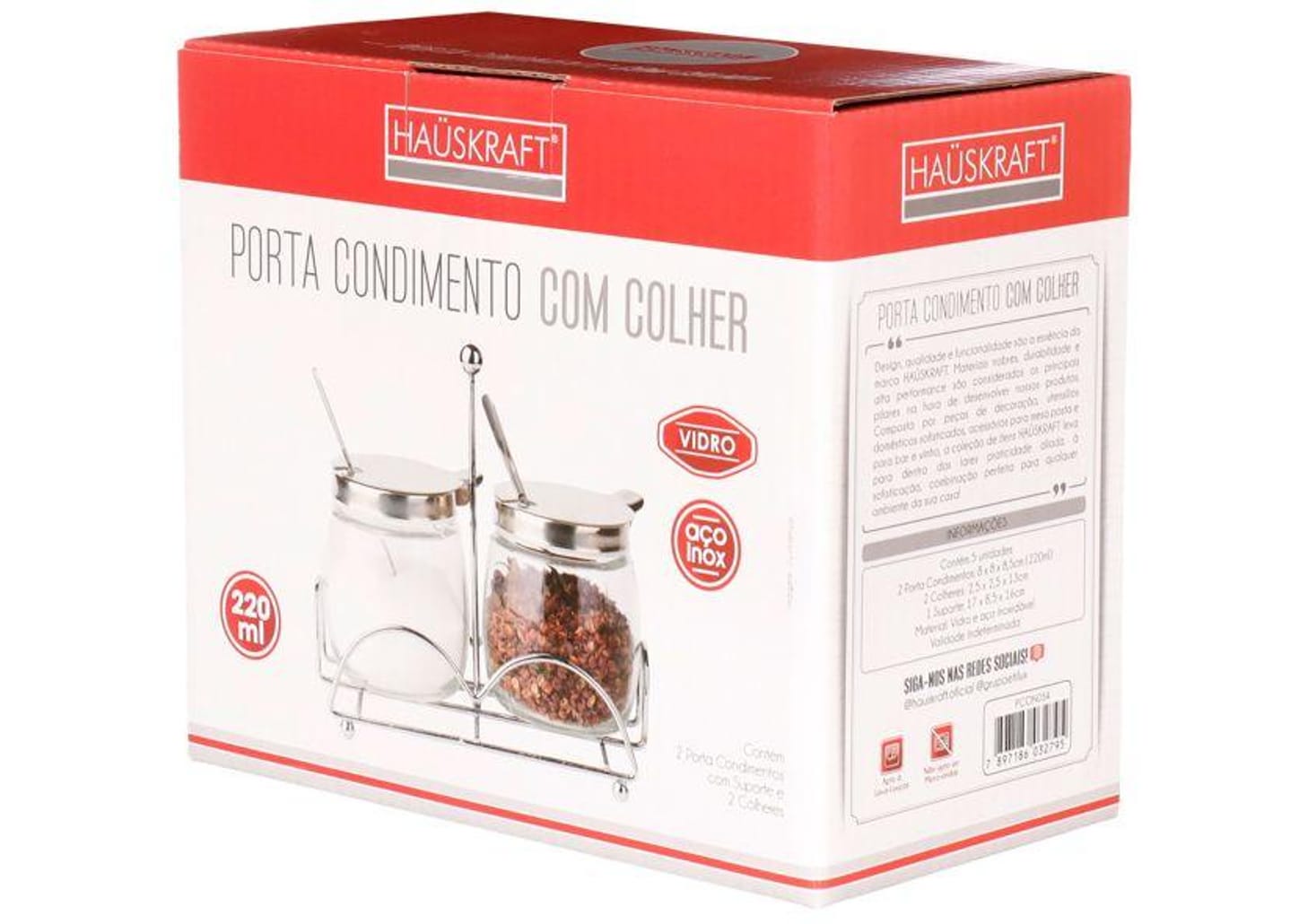Porta-Temperos de Vidro e Inox 4 Peças com Suporte Hauskraft
