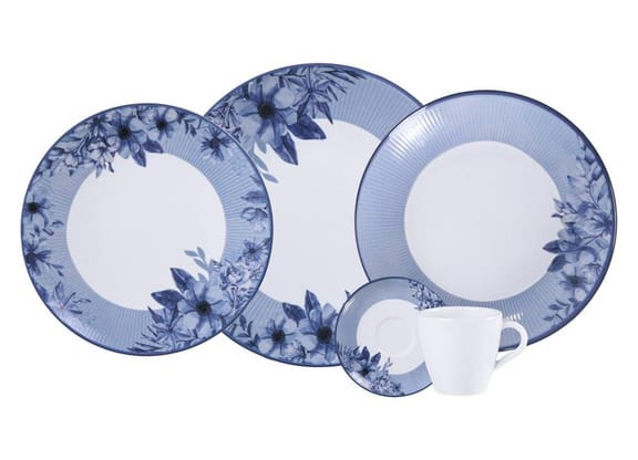 Aparelho de Jantar 20 Peças Tramontina Redondo de Porcelana Branco e Azul Lavínia