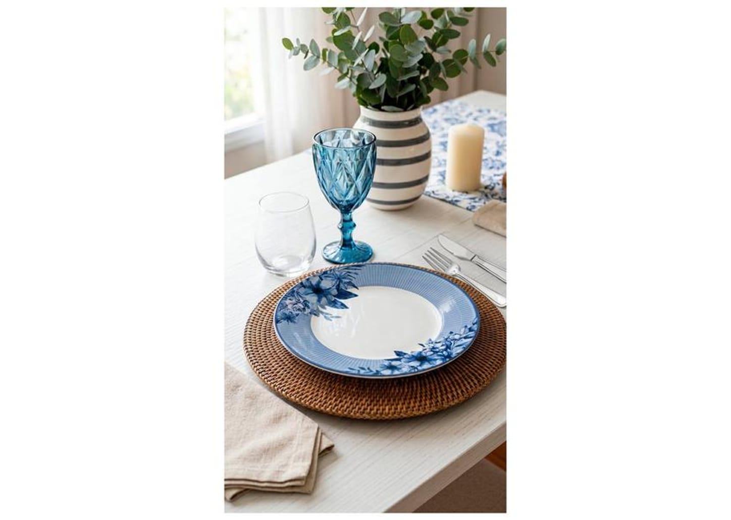 Aparelho de Jantar 20 Peças Tramontina Redondo de Porcelana Branco e Azul Lavínia