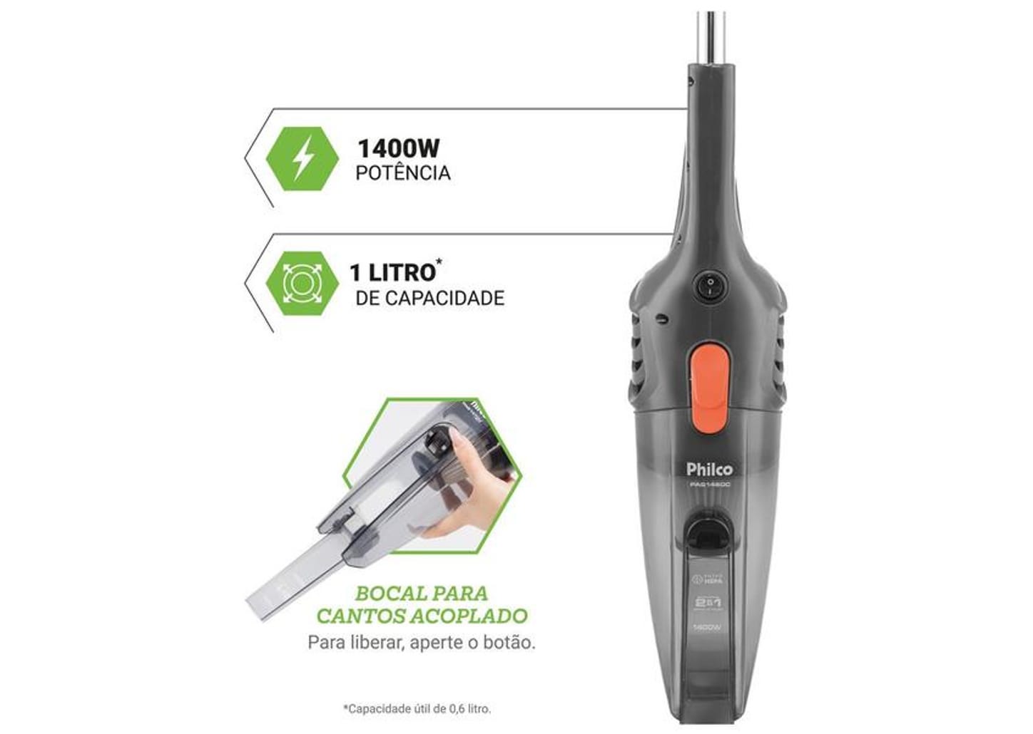 Aspirador de Pó 2 em 1 Philco 1400W PAS1450C 54901086 Cinza