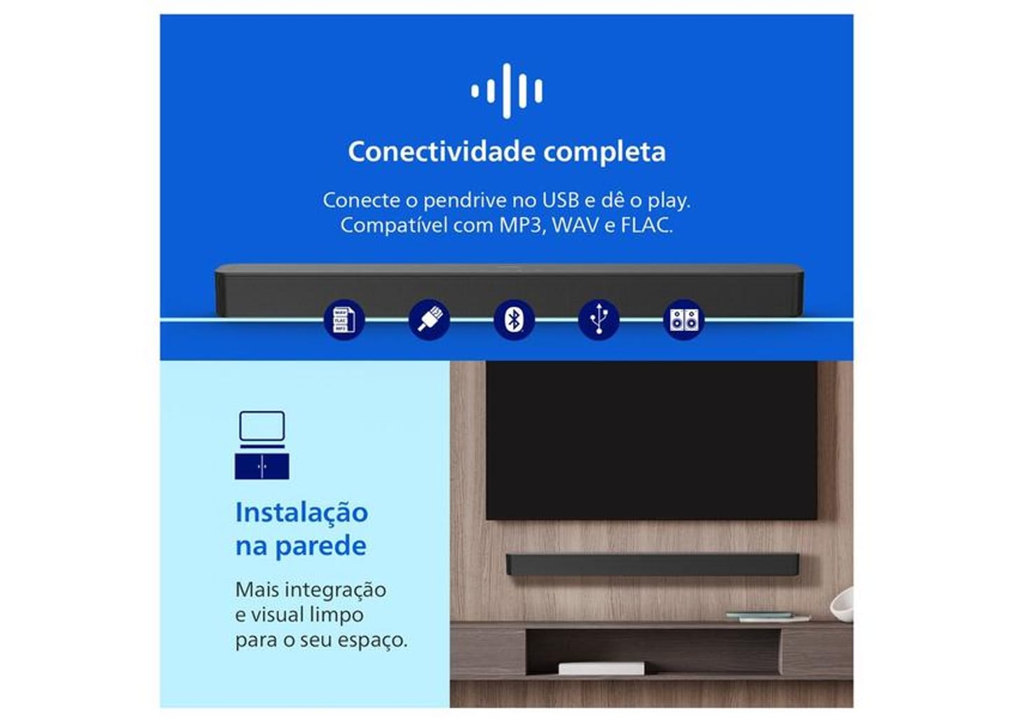 Soundbar Philips TAB4000/78 2.0 Canais Bluetooth 60W Preto